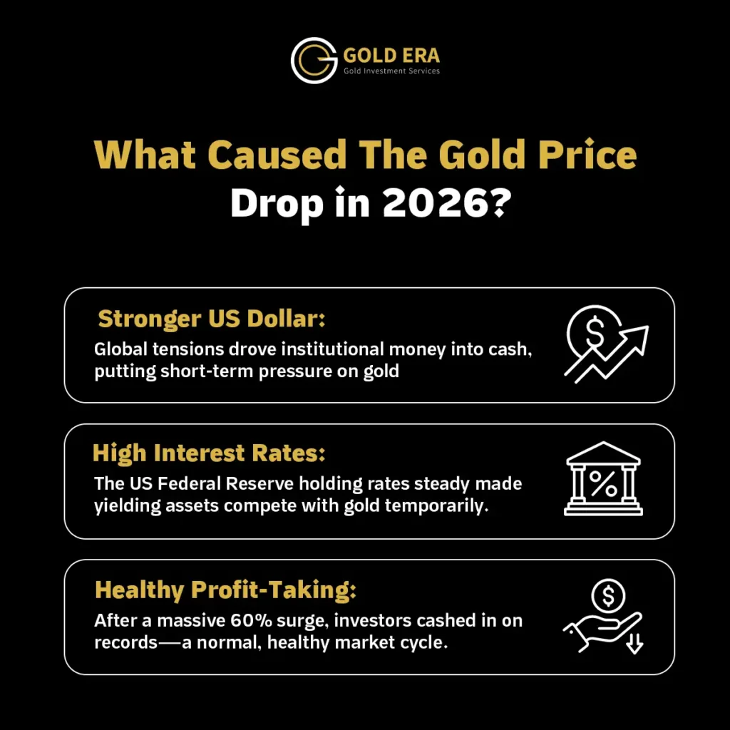 infographic shows the causes of 2026 gold price correction 